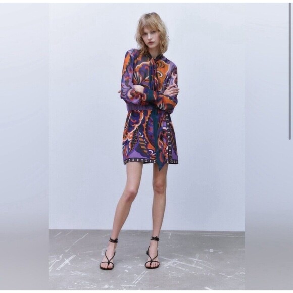 Zara Pucci Mini Dress Neck Tie Multi Color Printed Size S NWOT - Picture 2 of 16